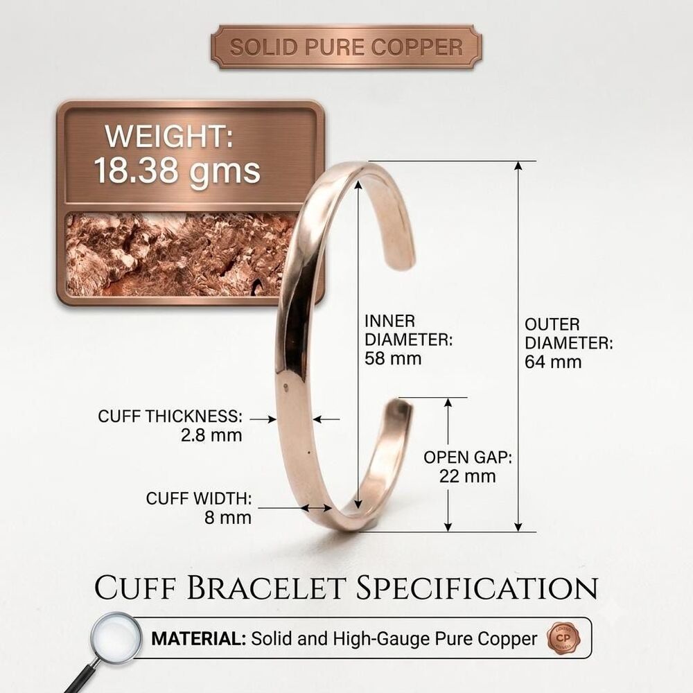 Solid Pure Copper Cuff Bracelet, Unisex High-Gauge Bangle, Minimalist Wellness